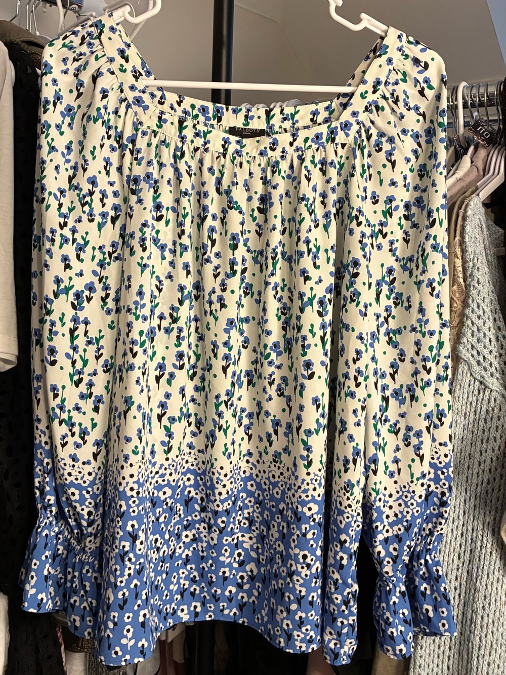 Talbots Cream Blouse with Blue and Green Floral Print Large Petite - Picture 2 of 3